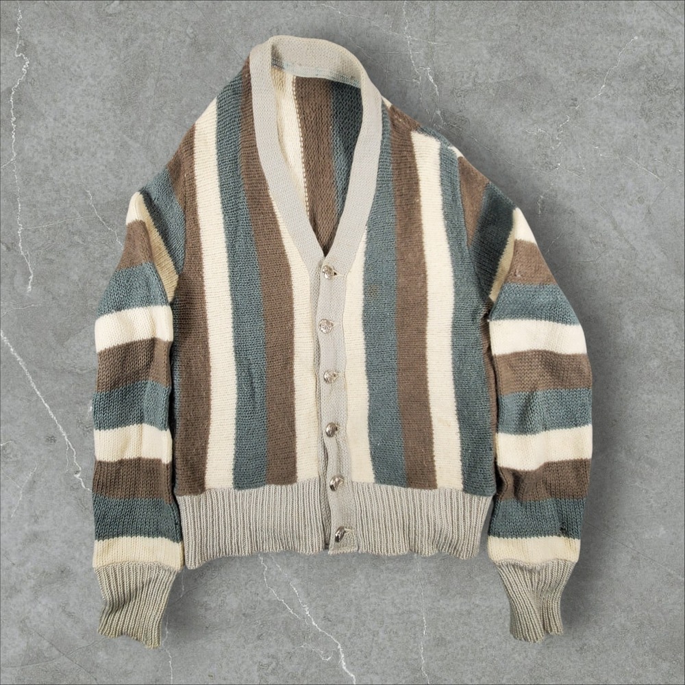 Vintage Striped Cardigan Sweater Mens Small Green Brown Shawl Collar Mohair 60s